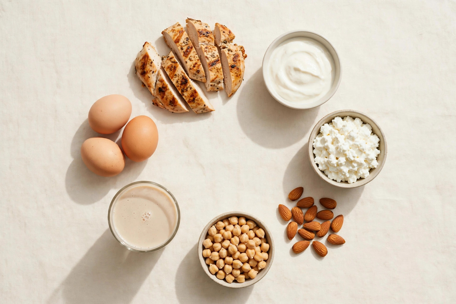 Protein-rich foods arranged on a cream background