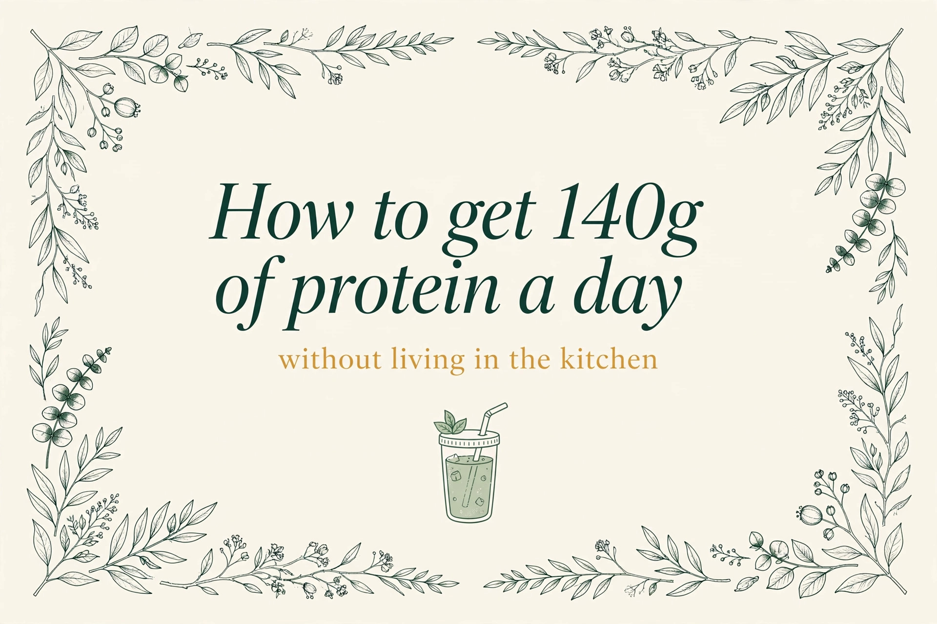 High-protein grab-and-go foods: Greek yogurt, string cheese, boiled eggs, and a protein shake on a cream background