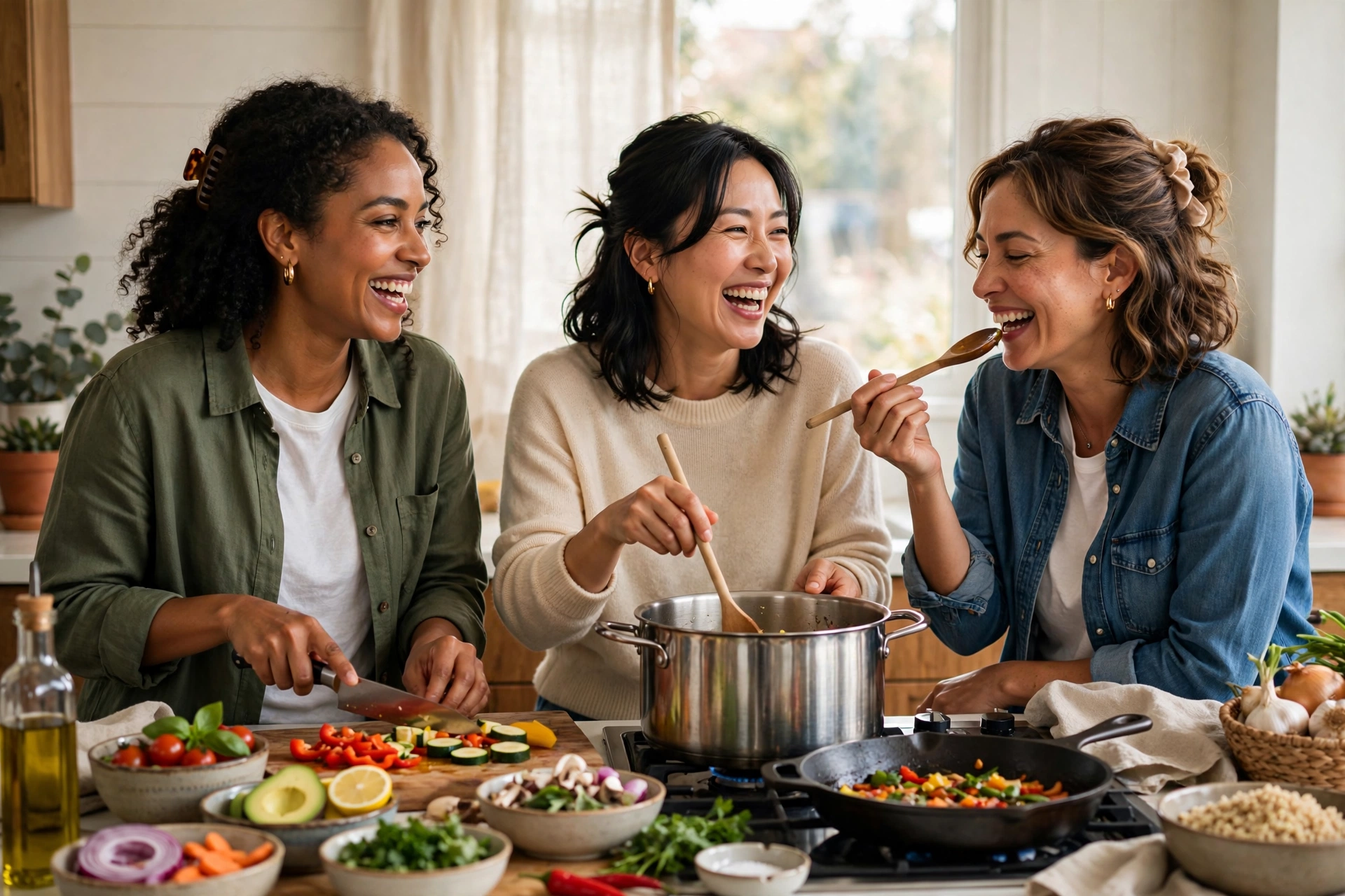Women cooking high-protein meals together