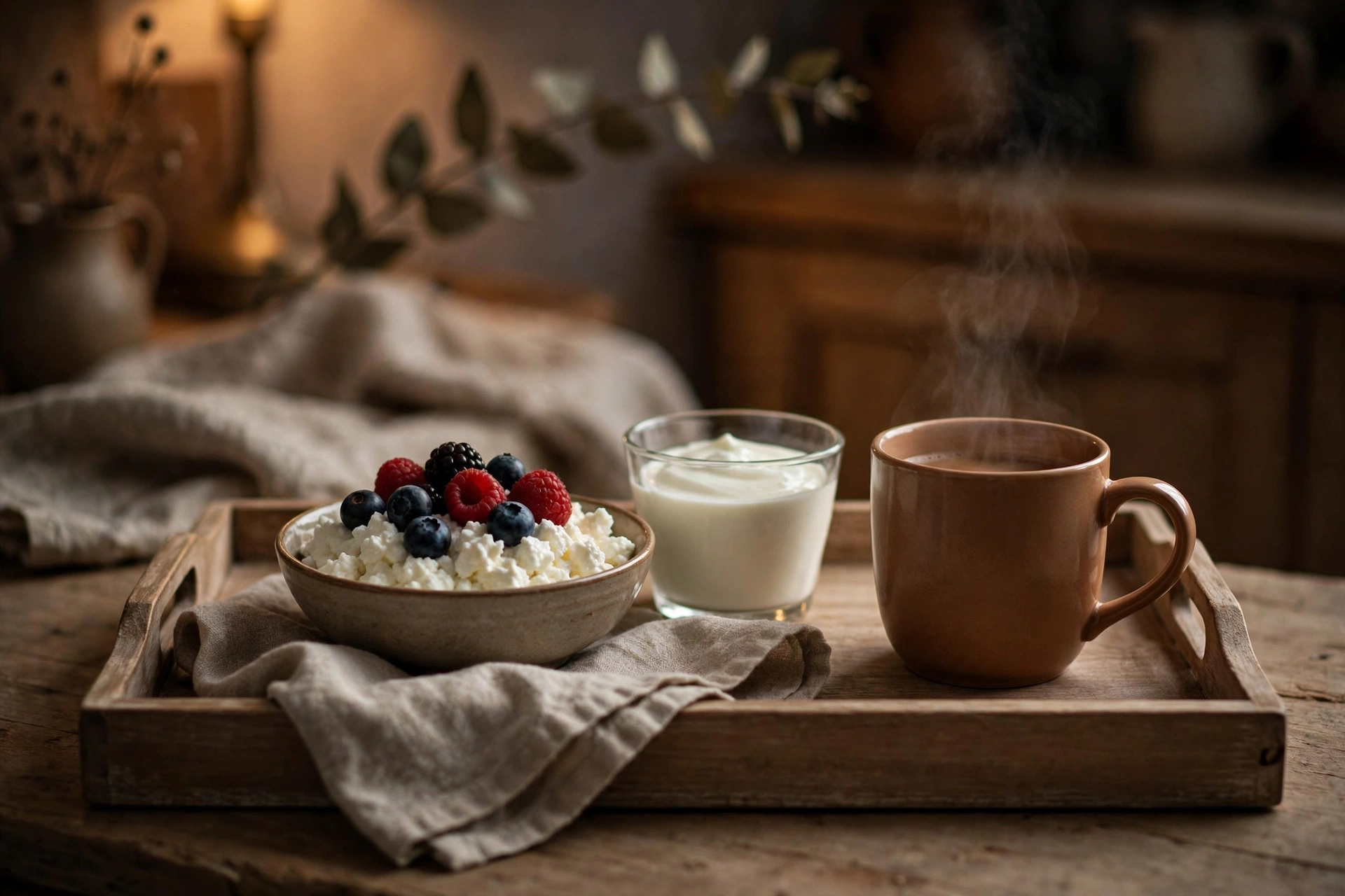 A bowl of cottage cheese with berries, a glass of Greek yogurt, and a warm mug on a wooden tray in soft evening light