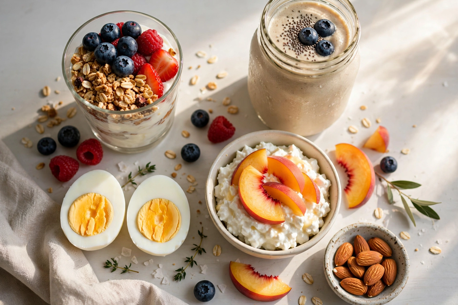 High-protein breakfast spread with yogurt, eggs, and smoothie