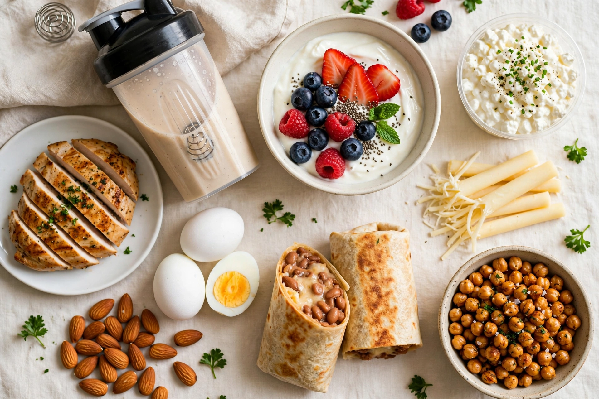 High-protein groceries and meals arranged on a table