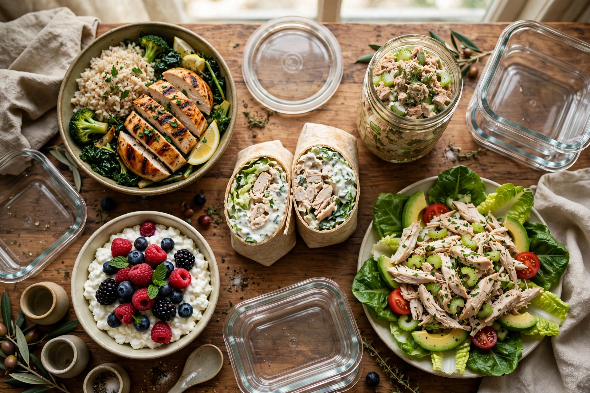 Five high protein lunches on a wooden table: a chicken rice bowl, tuna salad in a mason jar, a chicken wrap, a cottage cheese berry bowl, and a chicken salad plate with glass meal prep containers