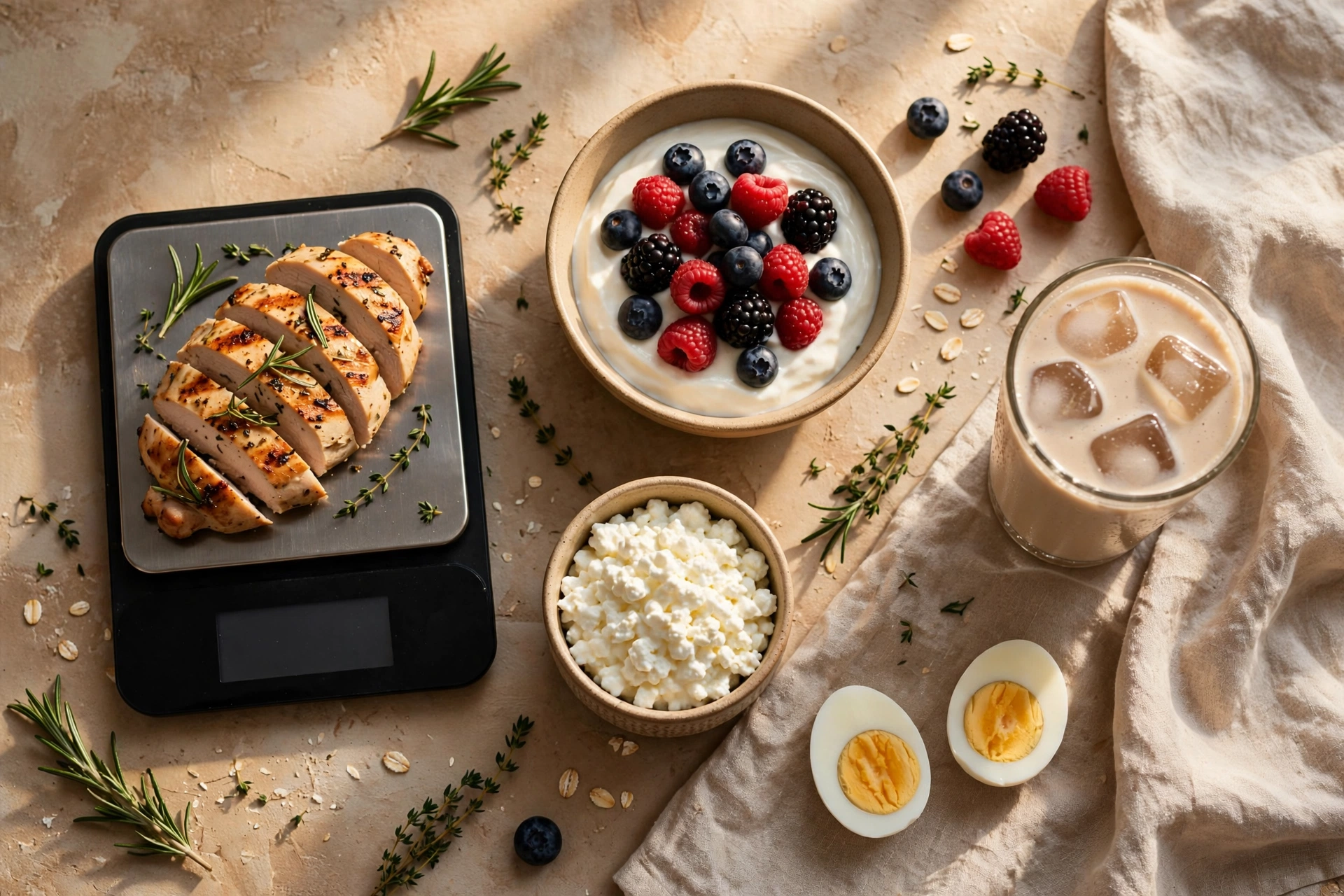 Sliced grilled chicken on a digital kitchen scale next to Greek yogurt with berries, cottage cheese, eggs, and a protein shake