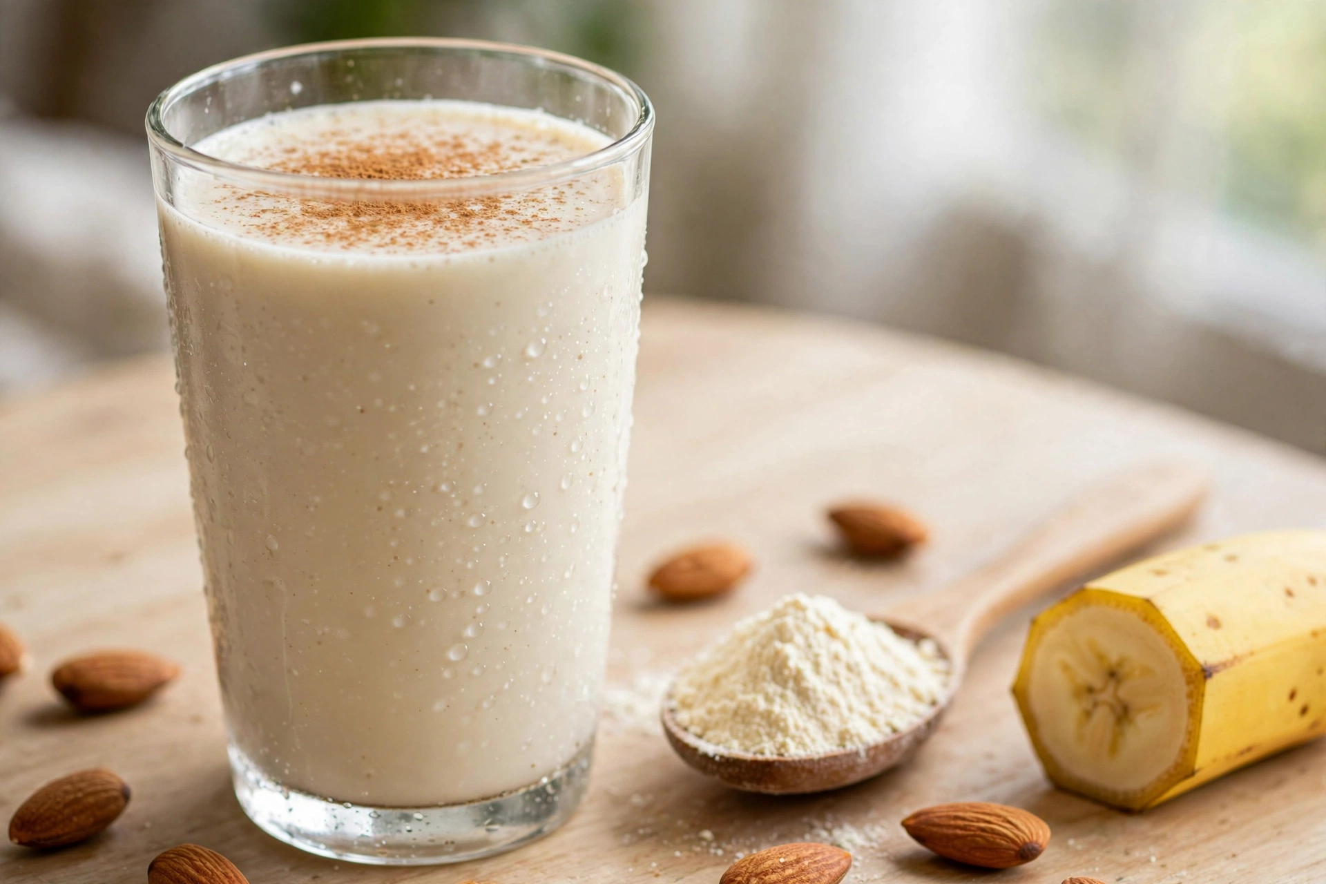 Creamy vanilla protein shake in a tall glass