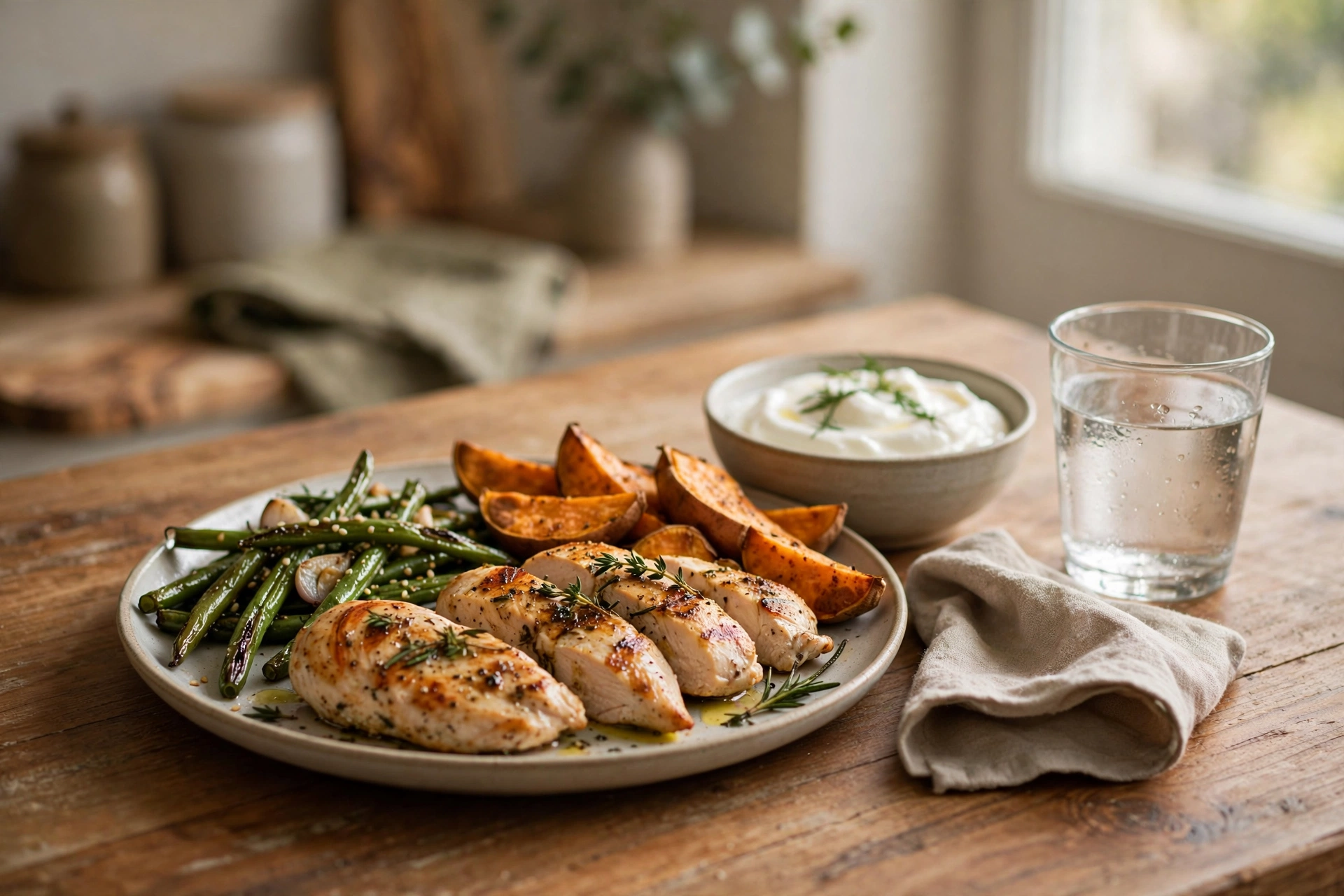 A simple high protein dinner plate with chicken, sweet potato and green beans on a wooden table