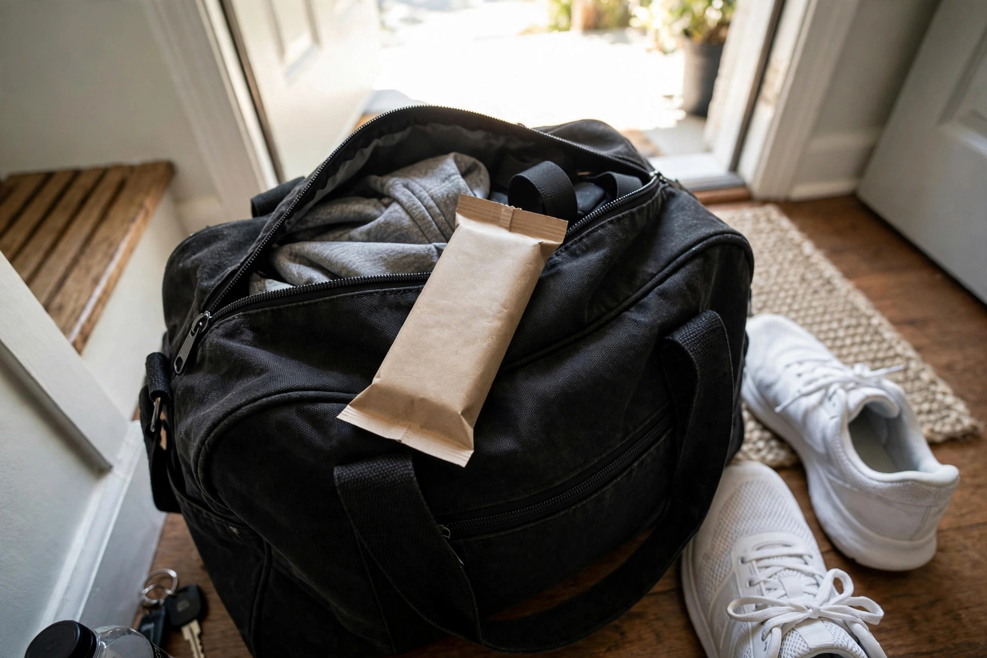 Protein bar on a gym bag with sneakers
