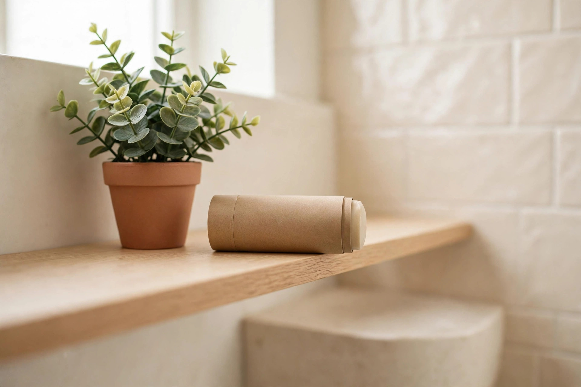 Natural deodorant on a clean bathroom shelf