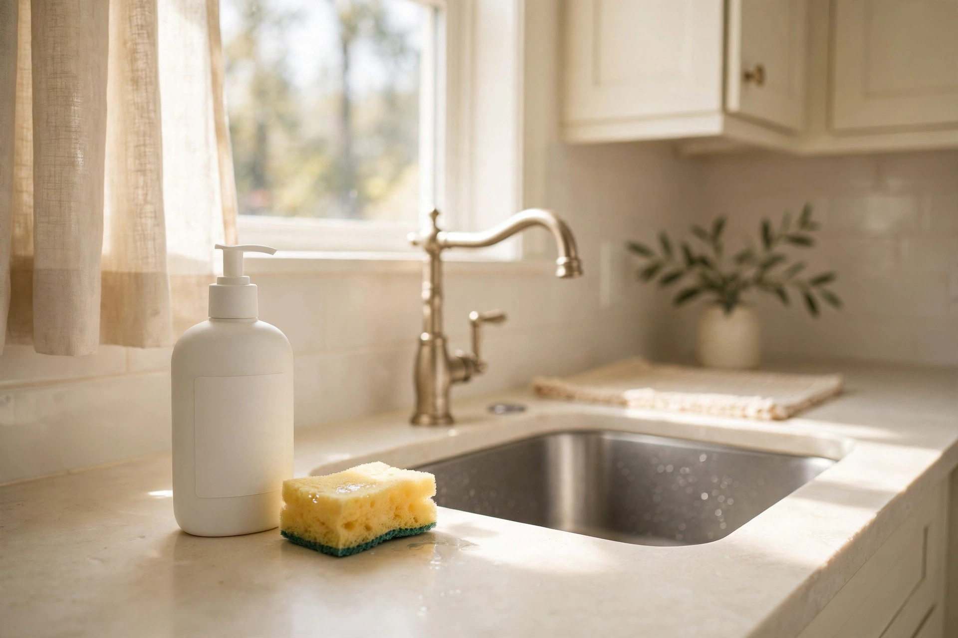 Dish soap bottle and sponge at a sunny kitchen sink