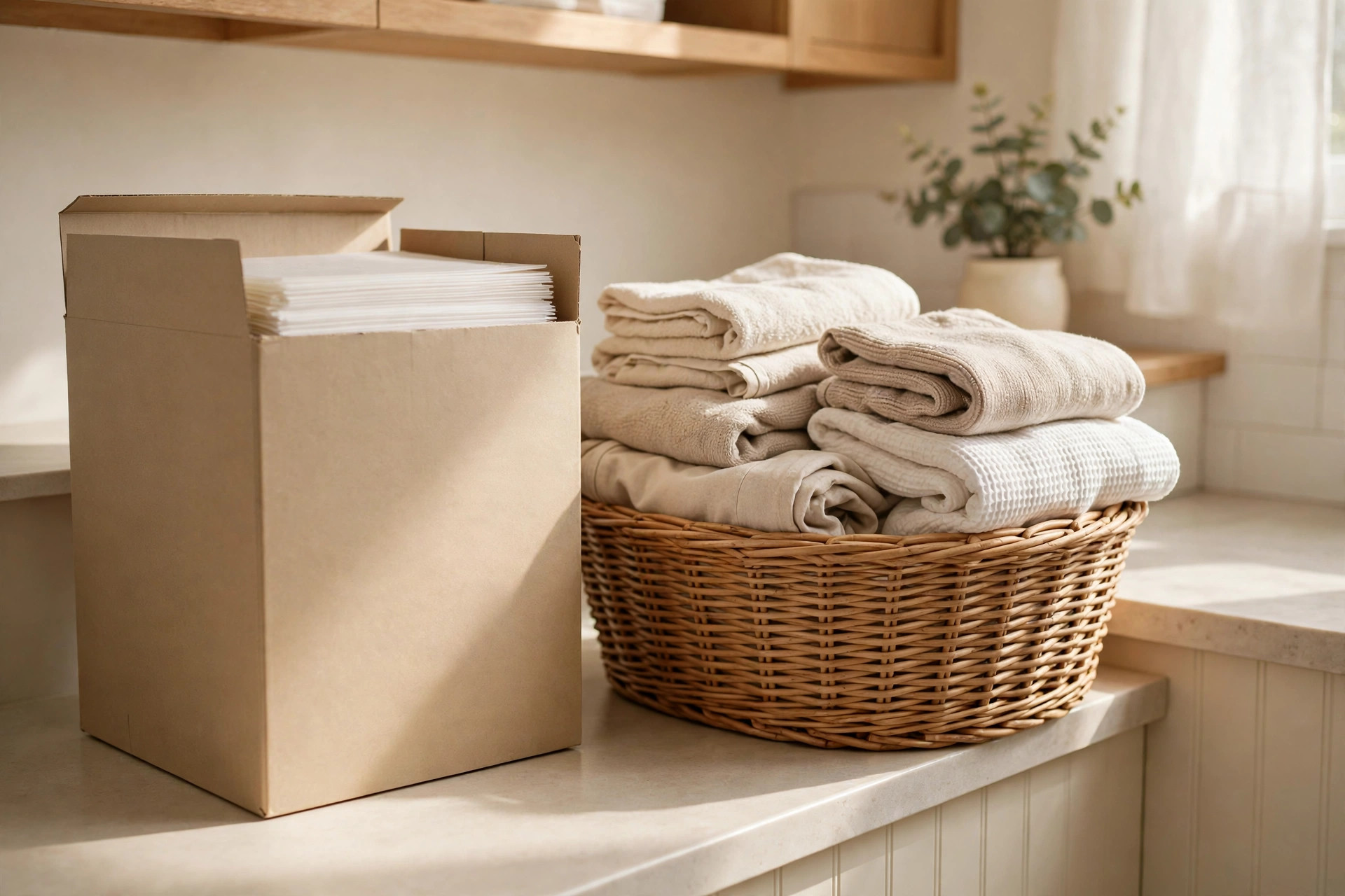 Dryer sheets box beside a basket of folded laundry