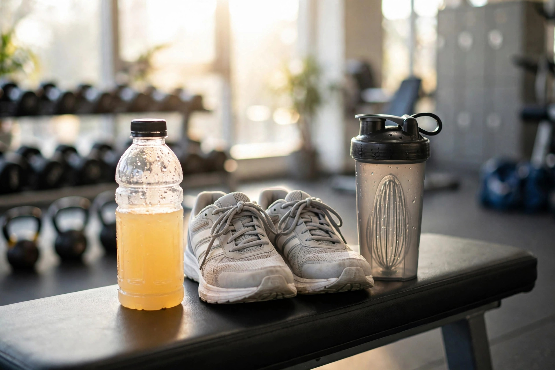 Pre-workout bottle and shaker on a gym bench