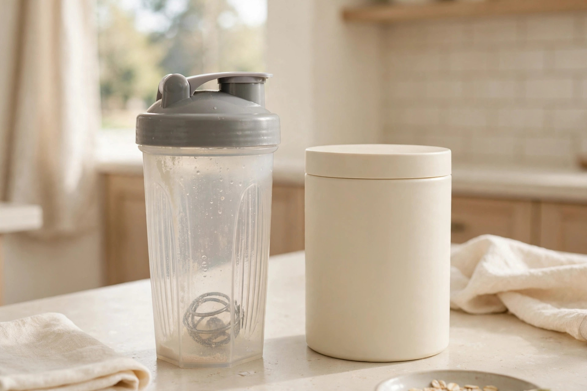Protein shaker cup and powder canister on a kitchen counter