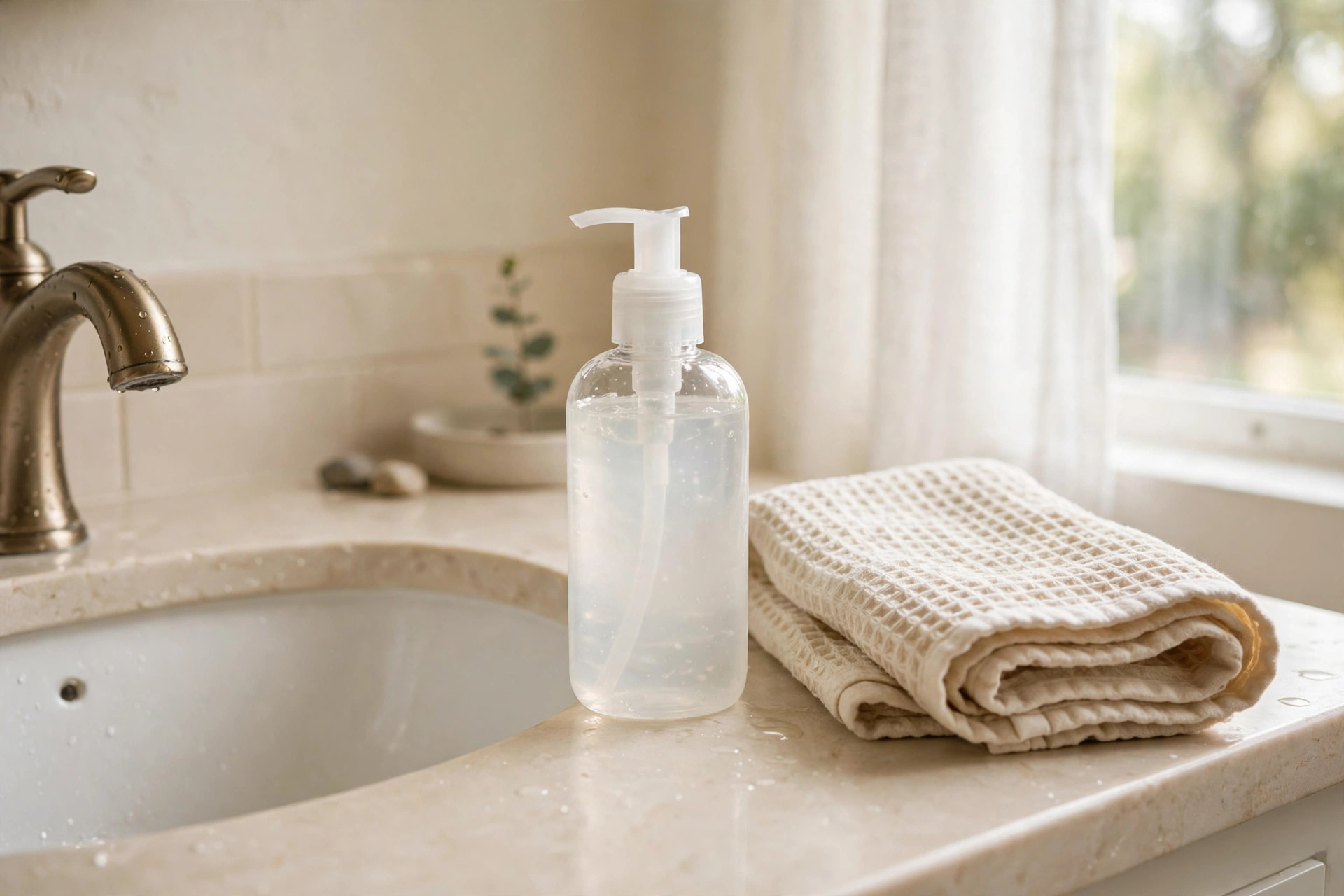 Gentle cleanser bottle on a bathroom sink