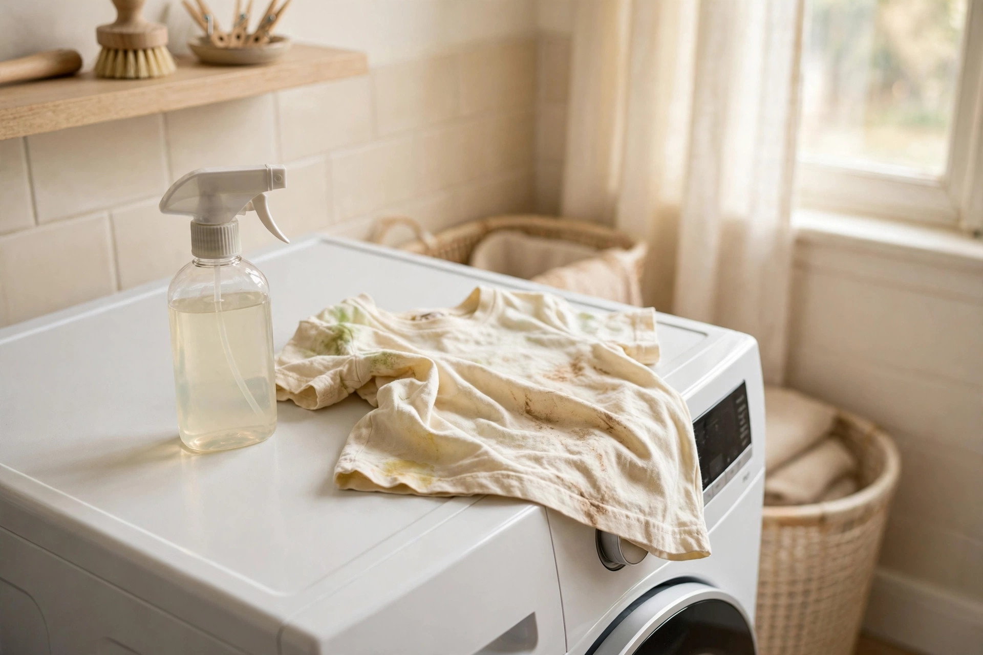 Stain remover bottle next to a stained shirt on the washer