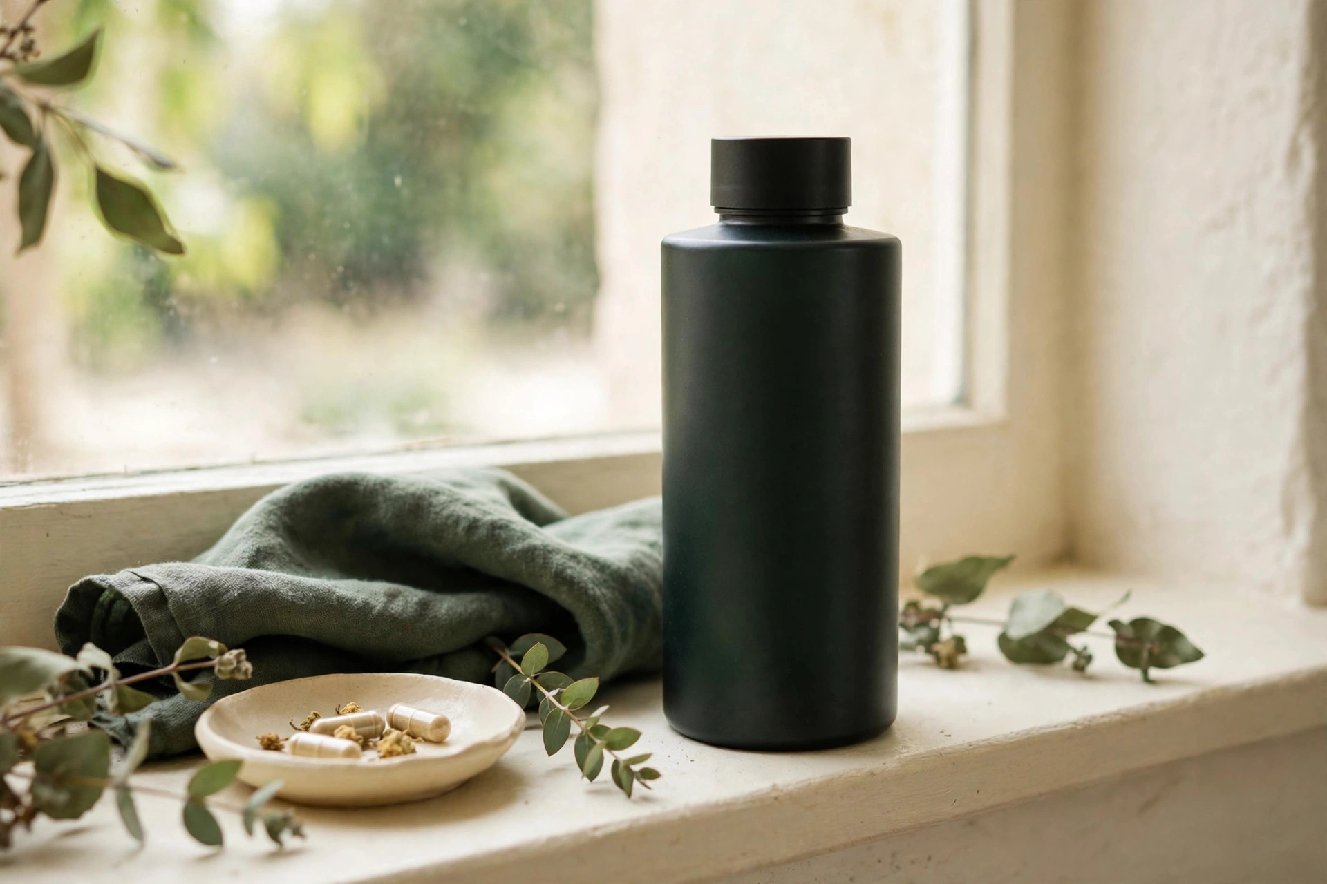 Cellular health supplement bottle on a sunny windowsill